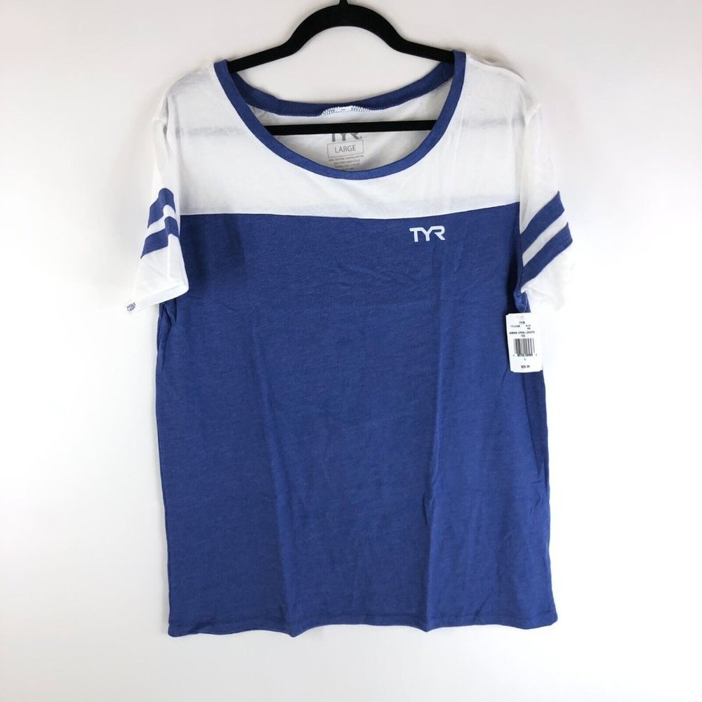 TYR Womens Open Lochte Tee Shirt Scoop Neck Short Sleeve Blue White L